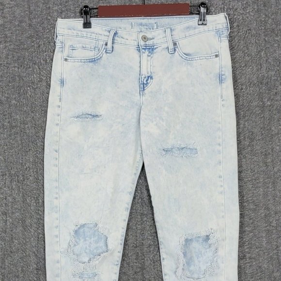 Abercrombie & Fitch Jeans Womens 32x26 Blue Tapered Ankle Zips Distressed Crop - Picture 2 of 13